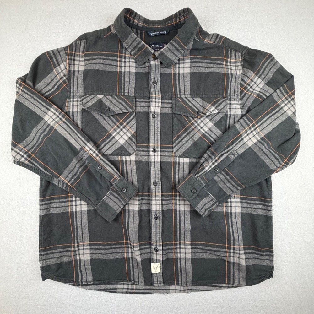Badlands Ops Flannel Mens XXL Long Sleeve Shirt Grey Orange Plaid Cotton Button